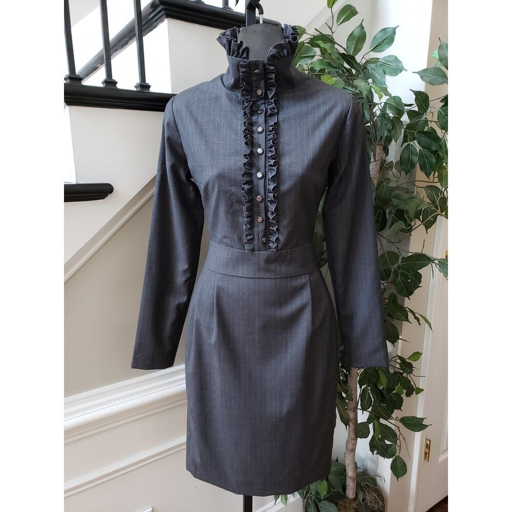 Britt Lintner Sheath Dress Women 10 Black Ruffle Trim Mock Neck 1/2 Button Front